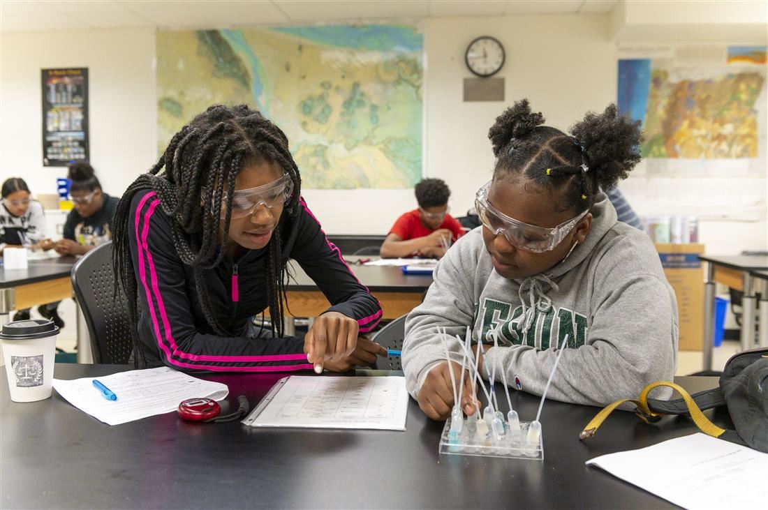 Students in class working on science project